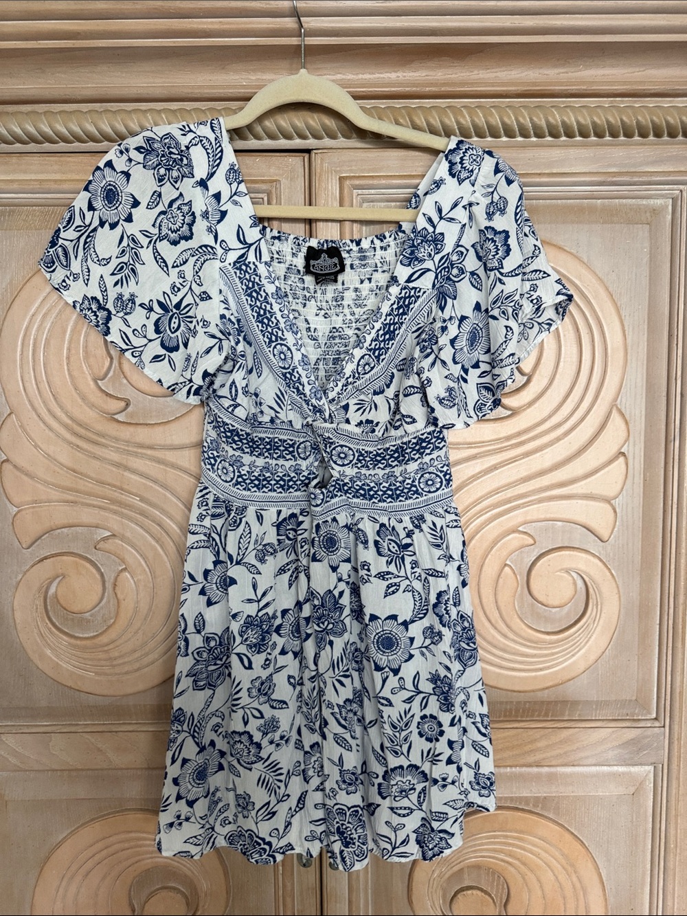 Angie Navy and White Floral Smocked Waist Tunic Dress